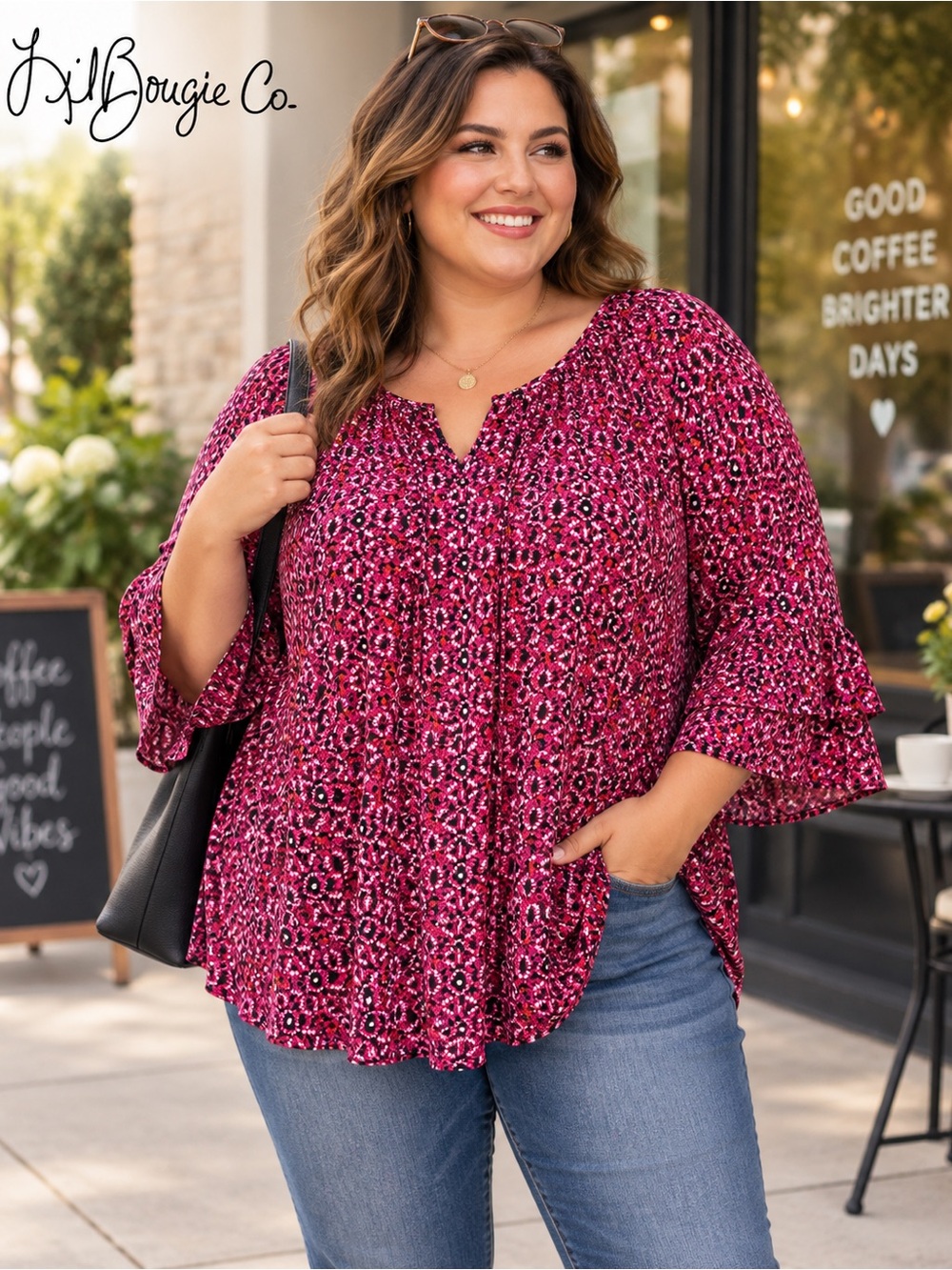 Roz & Ali Pink Printed Split-Neck Peasant Blouse - Size Large